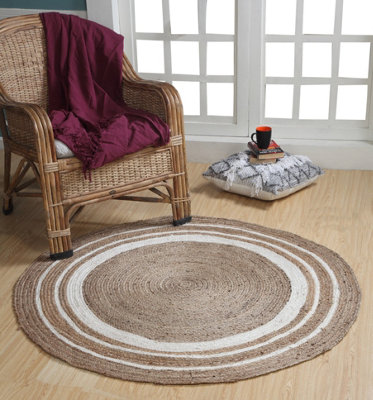 KHIDAKEE Round Border Natural Rug Hand Woven Jute / 90 cm Diameter