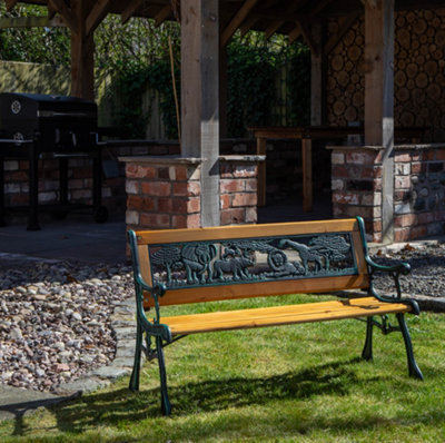 Kids 2 Seater Wooden & Cast Iron Garden Patio Childrens Bench with Animal Design