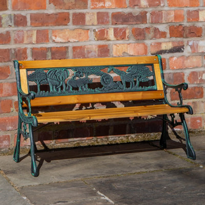 Kids 2 Seater Wooden & Cast Iron Garden Patio Childrens Bench with Animal Design - 3