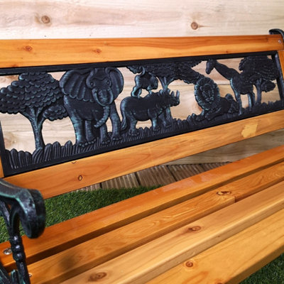 Kids 2 Seater Wooden & Cast Iron Garden Patio Childrens Bench with Animal Design