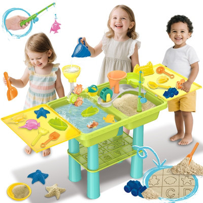 Kids 3 in 1 Water Sand Activity Table with Fishing Game, Molds, Tools ...
