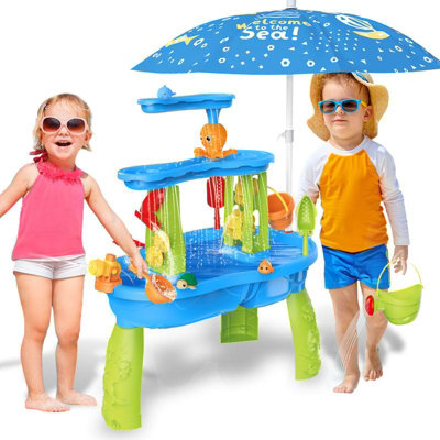 Kids 3-Tier Water & Sand Play Table with Umbrella Outdoor Activity Set