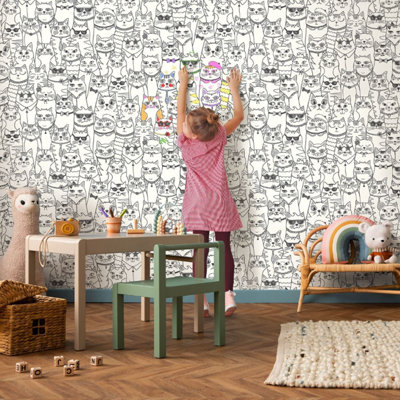 Kids Black & White Cats Wallpaper Colour Me In Fun Feature Wall Bedroom Playroom