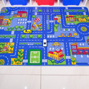 Kids Blue Interactive Roads Play Mat Soft Bedroom Rug 100x165cm