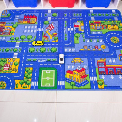 Kids Blue Interactive Roads Play Mat Soft Bedroom Rug 80x120cm