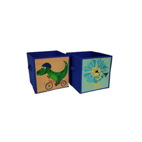 Kids Blue Toy Storage Cube Boxes 2 Fabric Storage Unit Boxes 26cm Dinosaur and Lion