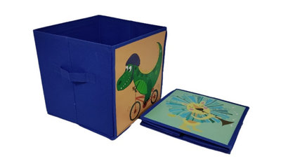 Kids Blue Toy Storage Cube Boxes 2 Fabric Storage Unit Boxes 26cm Dinosaur and Lion