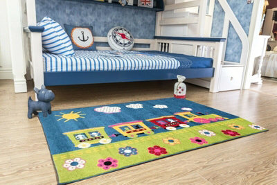 Kids/Boys/Girls Bedroom Playroom Rug Trains,Flowers/Multi-colour