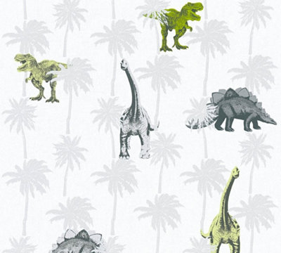 Kids Dinosaur Wallpaper Childrens Bedroom Dinos Grey White Green Paste The Wall