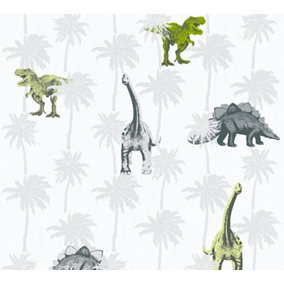 Kids Dinosaur Wallpaper Childrens Bedroom Dinos Grey White Green Paste The Wall