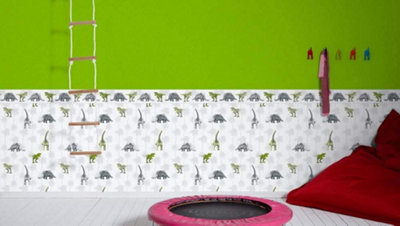 Kids Dinosaur Wallpaper Childrens Bedroom Dinos Grey White Green Paste The Wall