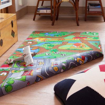 Kids Double Sided Play Mat Roads City Farm Play Room Rug 80x150cm