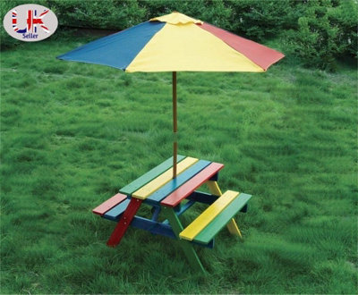 Kids Garden Furniture Picnic Table Wooden Bench With Adjustable Children Outdoor Garden Umbrella Parasol Patio Furniture Set
