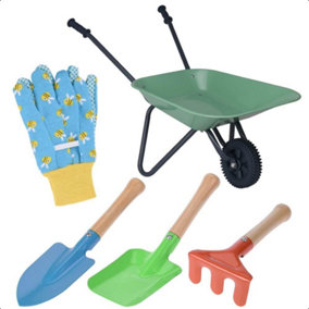 Kids Gardening Set 5p Aged 3+ Wheelbarrow Tool Set Blue Bee Gloves Garden