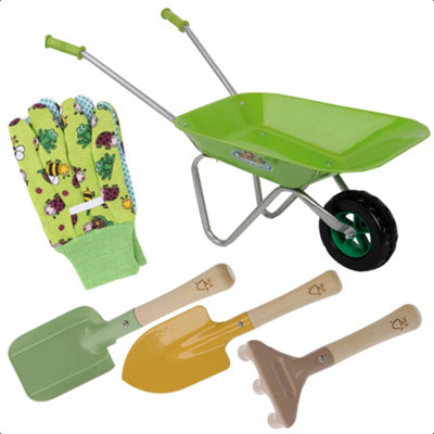 Kids Gardening Set 5p Aged 3 Wheelbarrow Tool Set Green Frog Gloves