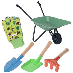 Kids Gardening Set 5p Aged 3+ Wheelbarrow Tool Set Green Frog Gloves
