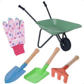Kids Gardening Set 5p Aged 3+ Wheelbarrow Tool Set Pink Butterfly Gloves