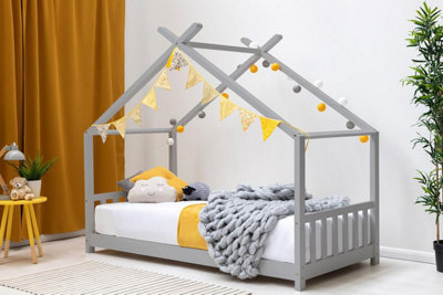 Kids Grey Canopy Wooden House Bed Frame Single 3ft DIY at B Q