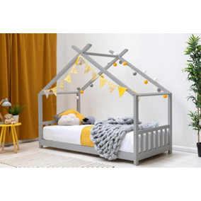 Kids Grey Canopy Wooden House Bed Frame - Single 3ft