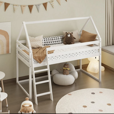 Kids Mid Sleeper Cabin Loft Bed With Underbed Storage Space - Solid Pine In White