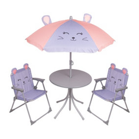 Kids Outdoor Bistro Patio Set Mouse Design: Table, 2x Chairs, Parasol - Garden Furniture For Children