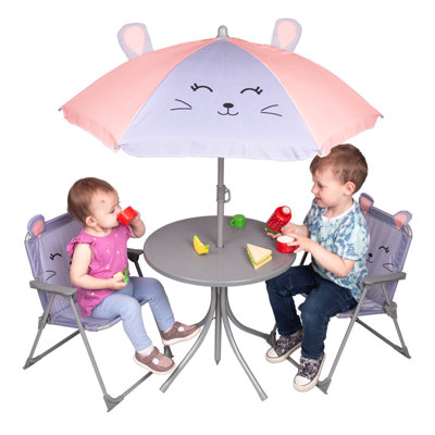 Kids Outdoor Bistro Patio Set Mouse Design Table 2x Chairs Parasol Garden Furniture For Children