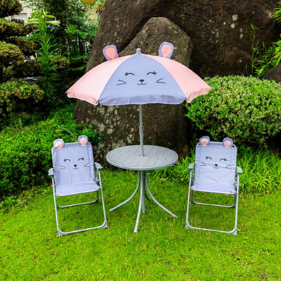 Kids Outdoor Bistro Patio Set Mouse Design Table 2x Chairs Parasol Garden Furniture For Children DIY at B Q