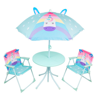 Kids Outdoor Bistro Patio Set Unicorn Design: Table, 2x Chairs, Parasol - Garden Furniture For Children