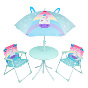 Kids Outdoor Bistro Patio Set Unicorn Design: Table, 2x Chairs, Parasol - Garden Furniture For Children