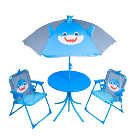 Kids Outdoor Patio Set Cool Shark Design: Table, 2x Chairs, Parasol - Garden Furniture For Children