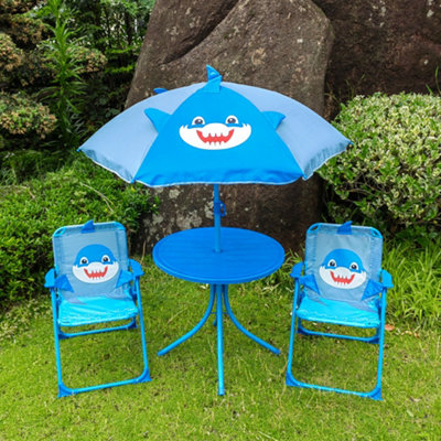 Kids Outdoor Patio Set Cool Shark Design Table 2x Chairs Parasol Garden Furniture For Children