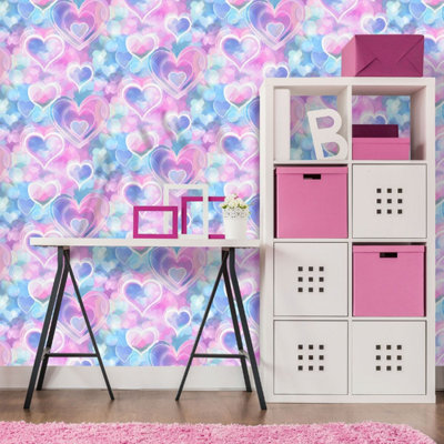 Kids Pink Blue Neon 3D Hearts Wallpaper Feature Wall Bedroom Playroom