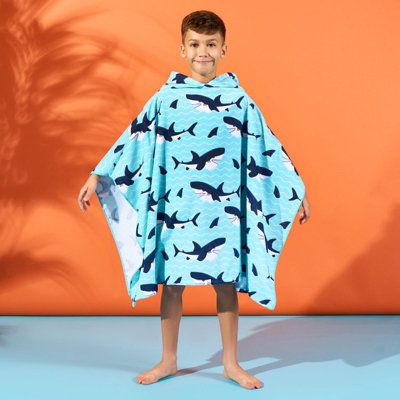 Kids Poncho Beach Towel Hooded Quick Dry Microfibre Holiday, Blue Shark