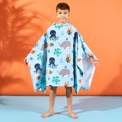 Kids Poncho Beach Towel Hooded Quick Dry Microfibre Holiday, Blue Under The Sea