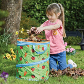 Kids Pop Up Spring Bin - Reusable Collapsible Home Storage or Garden Waste Bag with Carry Handles & Vegetable Print - H45 x 35cm