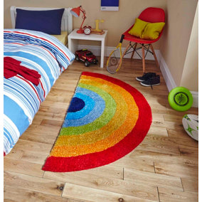 Kids Rainbow Multicoloured Geometric Striped Modern Shaggy Handmade Rug for Living Room and Bedroom-70 X 140cm (Halfmoon)