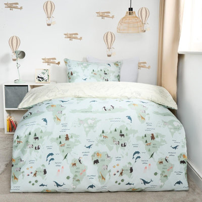 Kids Reversible Duvet Cover Bedding Pillowcases World Map Quilt, Blue - Double