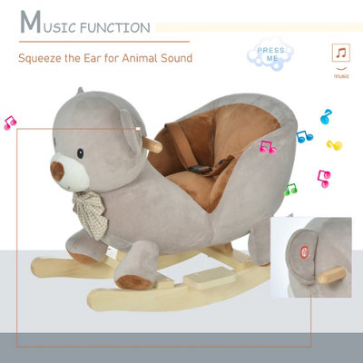Kids Rocking Bear Plush Ride On Seat with Sound Button Wood Base Seat Belt