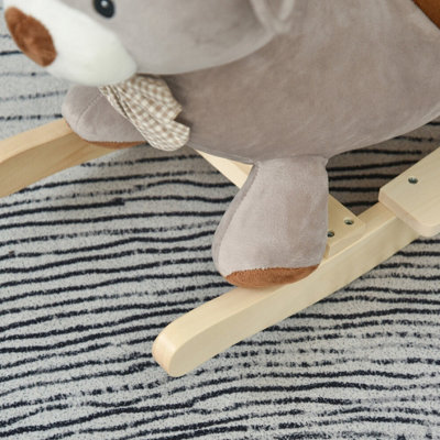 Kids Rocking Bear Plush Ride On Seat with Sound Button Wood Base Seat Belt