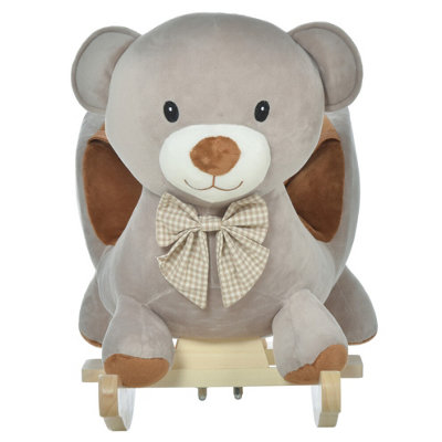 Kids Rocking Bear Plush Ride On Seat with Sound Button Wood Base Seat Belt