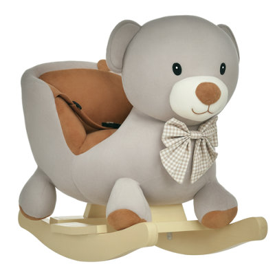 Kids Rocking Bear Plush Ride On Seat with Sound Button Wood Base Seat Belt