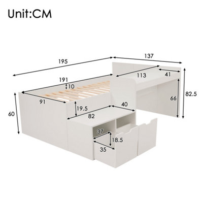 Kids Single Bed with Desk and Drawers, 90 x190 cm, White, 3ft Kids ...