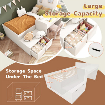 Kids Single Bed with Desk and Drawers, 90 x190 cm, White, 3ft Kids ...
