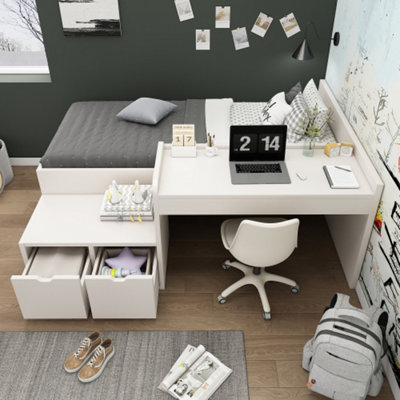 Kids Single Bed with Desk and Drawers, 90x190 cm, White, Wooden Bed ...