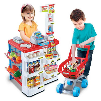 Kids Supermarket Shop Grocery Pretend Play Toy Trolley Playset Light Sound Xmas Gift