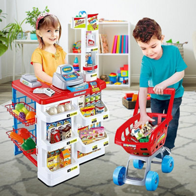 Kids Supermarket Shop Grocery Pretend Play Toy Trolley Playset Light Sound Xmas Gift