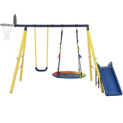 Kids Swing set with Metal Frame,  Basketball Hoop, Slide, Backyard Playground Outdoor Play Frame Toy for children, Kids