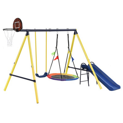 Kids Swing set with Metal Frame,  Basketball Hoop, Slide, Backyard Playground Outdoor Play Frame Toy for children, Kids