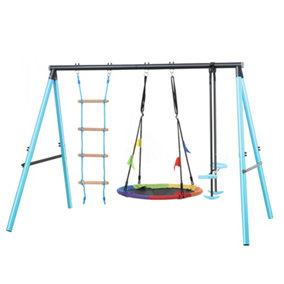 Kids Swing Swing Seesaw set with Metal Frame, Climbing Ladder & Climbing Net, Outdoor Play Frame Toy for children