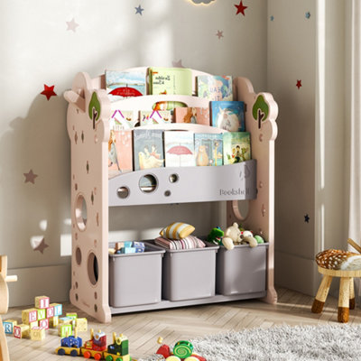 Kids Toy Storage Organizer with 3 Storage Bins and 4 Tier Bookshelf Shelf with Pull Out
